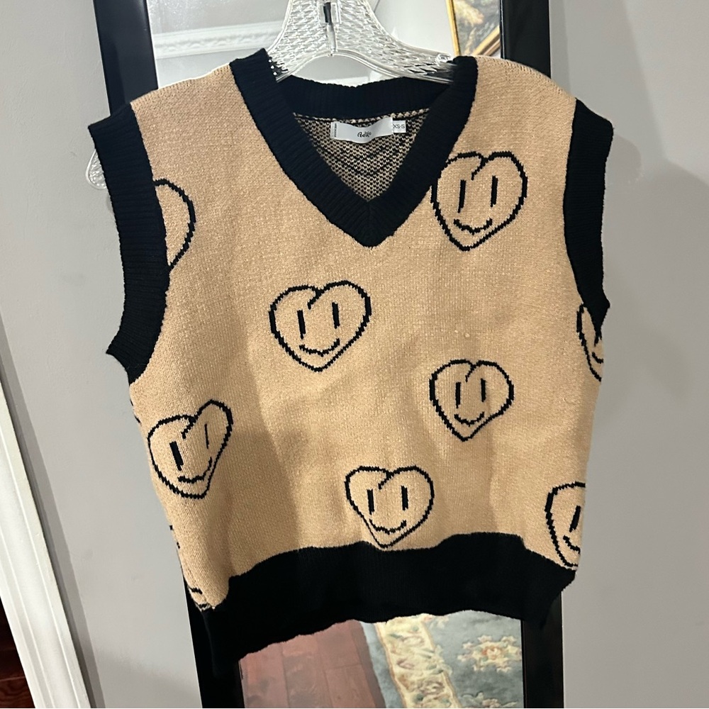 Tan and Black Smiley Face Sweater Vest
